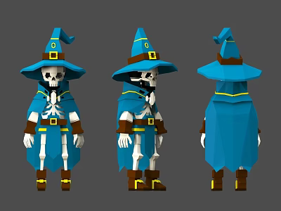 Game Film Character Skeleton Wizard With Blue Cloak Yellow Belt And Boots Three Views 3d model