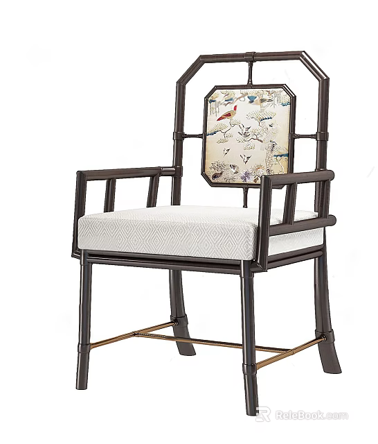 Chinese Style Armchair With Dark Wooden Frame Decorative Backrest And Light Fabric Seat Cushion 3d model 