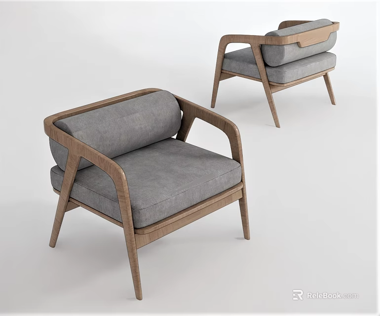 Contemporary Modern Single Armchair with Wooden Frame and Gray Cushion 3d model 