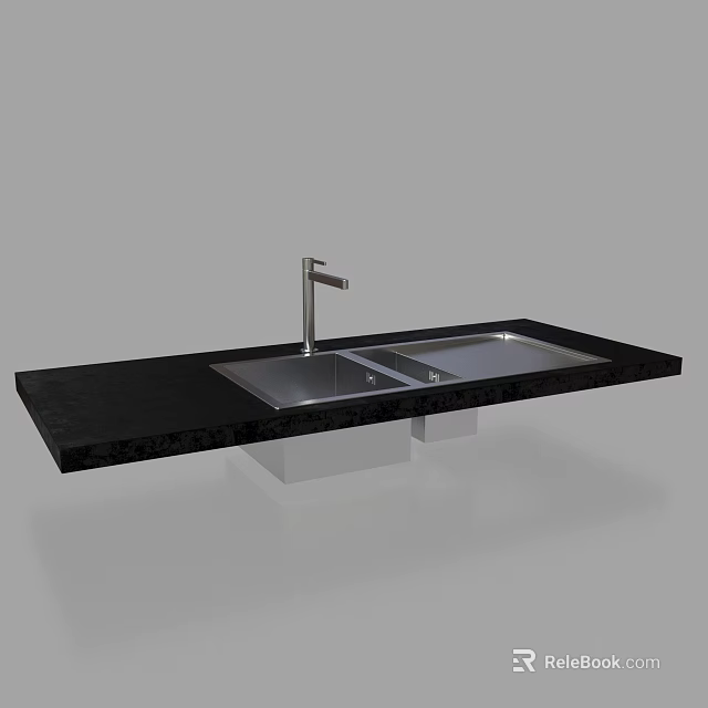 Modern Kitchen Sink With Double Bowl Black Countertop And Stainless Steel Faucet 3d model 