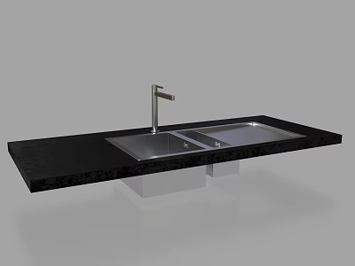 Modern Kitchen Sink With Double Bowl Black Countertop And Stainless Steel Faucet 3d model
