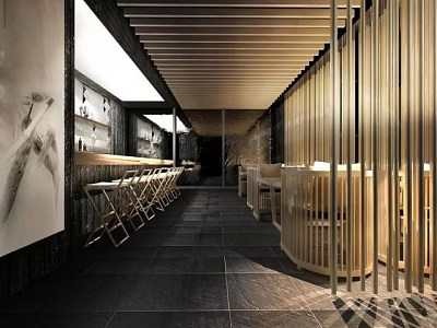 Modern Restaurant Interior With Wooden Slats Bar Counter And Decorative Paintings 3d model
