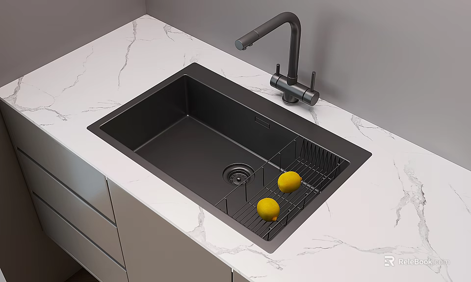 Modern Kitchen Faucet On Marble Countertop With Black Sink And Lemons In Dish Rack 3d model 