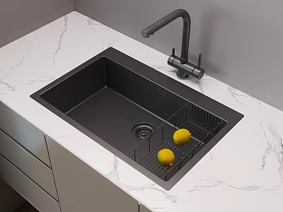 Modern Kitchen Faucet On Marble Countertop With Black Sink And Lemons In Dish Rack 3d model