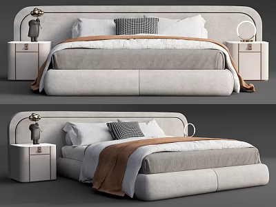 Cozy Modern Double Bed with Upholstered Headboard Nightstands Decorative Lamps and Soft Bedding 3d model