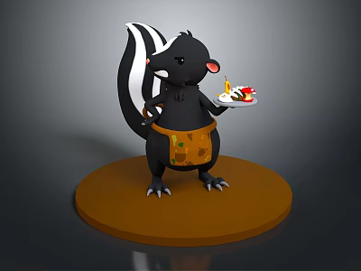 3D Skunk Character Model Standing On Brown Base Holding Plate With Food And Orange Apron 3d model