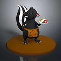 3D Skunk Character Model Standing On Brown Base Holding Plate With Food And Orange Apron