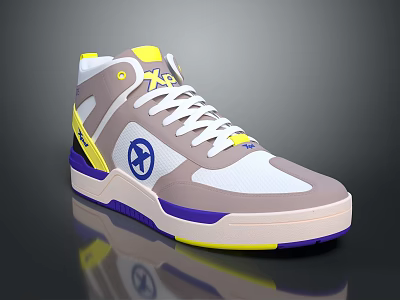 Stylish Modern Sneakers with Gray Yellow White Purple Accents Blue X Logo White Laces 3d model
