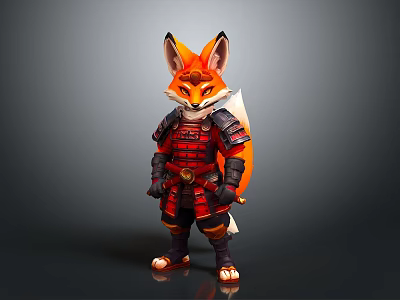 Cute Fox Character In Traditional Samurai Armor With Red And Orange Details 3d model