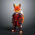 Cute Fox Character In Traditional Samurai Armor With Red And Orange Details