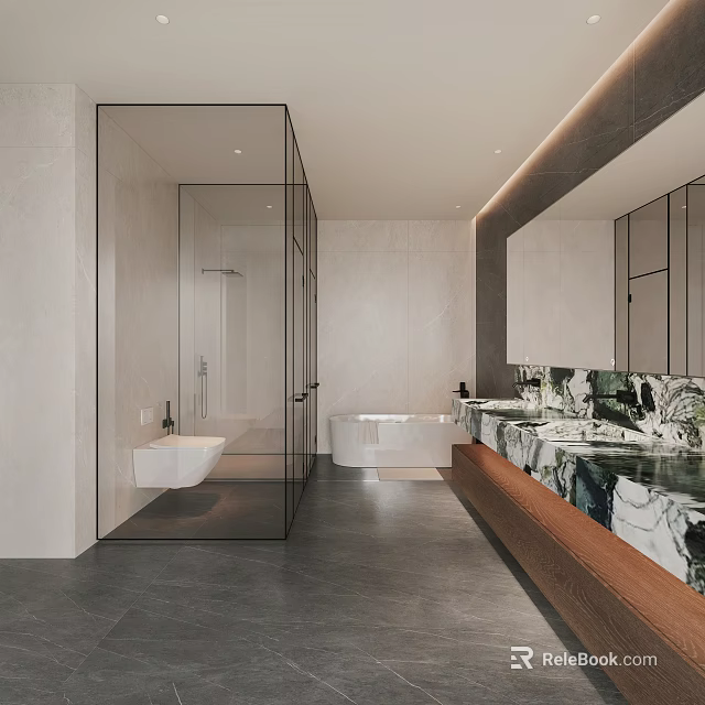 Modern Minimalist Bathroom Interior Design With Glass Shower Enclosure Free Standing Bathtub And Marble Countertop 3d model 