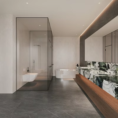 Modern Minimalist Bathroom Interior Design With Glass Shower Enclosure Free Standing Bathtub And Marble Countertop 3d model