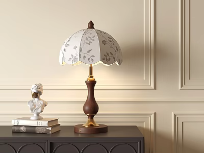 Elegant Table Lamp With White Floral Lampshade Wooden Base And Books On Dark Cabinet 3d model