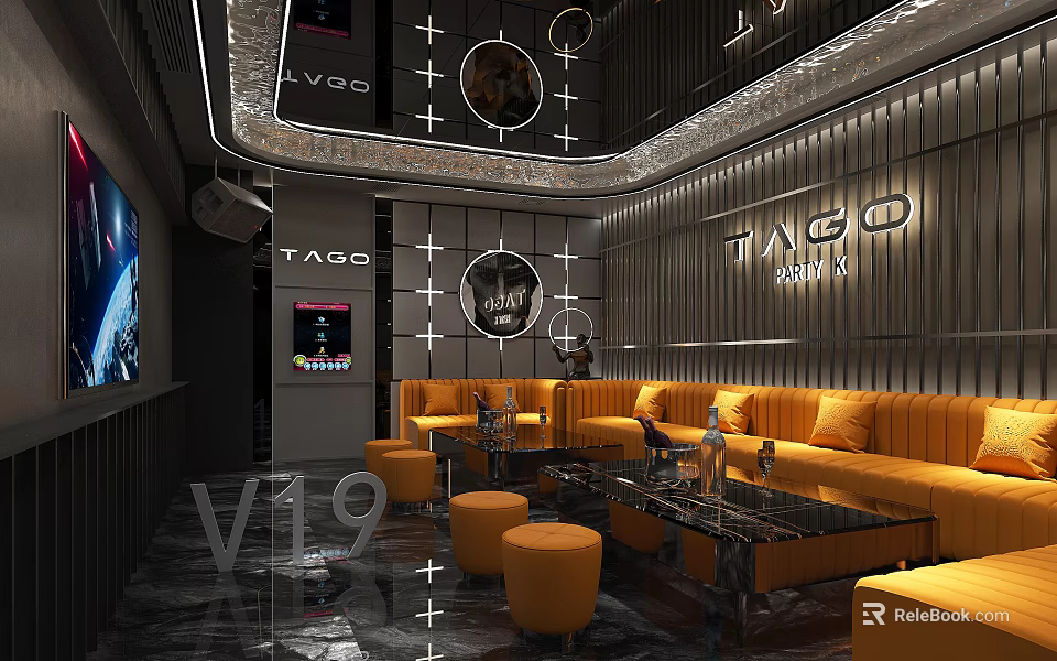 Modern KTV Party Lounge With Orange Sofas Coffee Tables TV Screen And Decorative Walls 3d model 