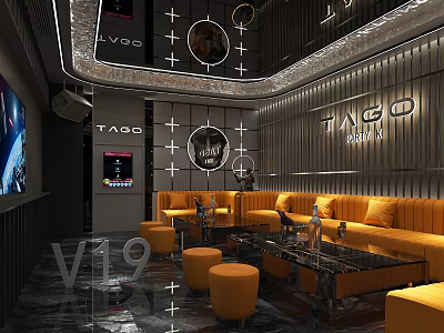 Modern KTV Party Lounge With Orange Sofas Coffee Tables TV Screen And Decorative Walls 3d model