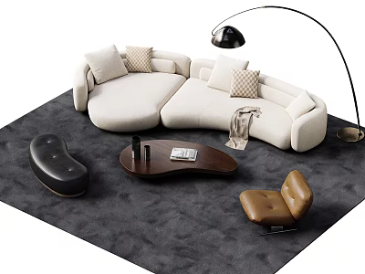 Modern Living Room With Irregular Shaped Cream Colored Sofa Floor Lamp And Coffee Table 3d model