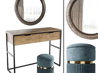 Modern Wooden Dressing Table with Black Metal Frame Round Mirror and Blue Velvet Stool 3d model