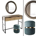 Modern Wooden Dressing Table with Black Metal Frame Round Mirror and Blue Velvet Stool