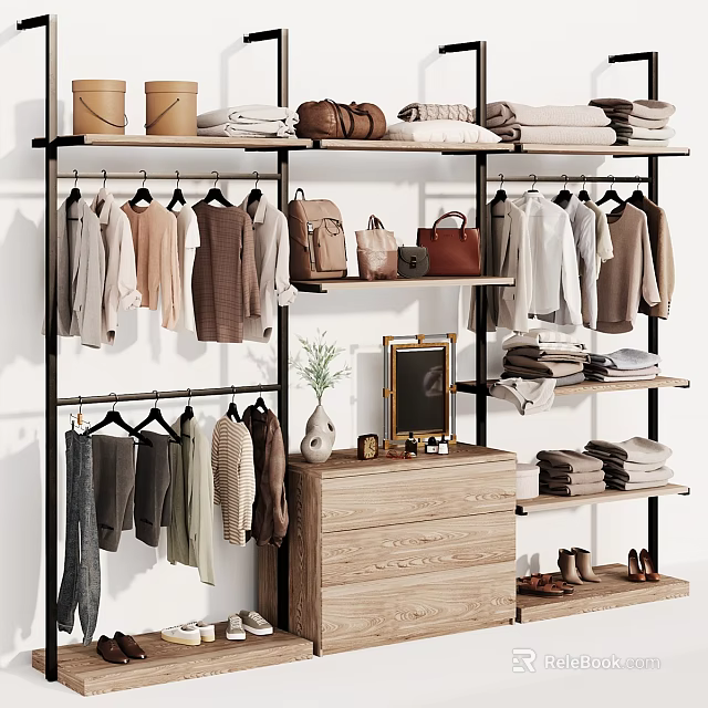 Organized Open Closet With Hanging Folded Clothes Shelves Wooden Drawer Cabinet Bags Shoes And Decor 3d model 