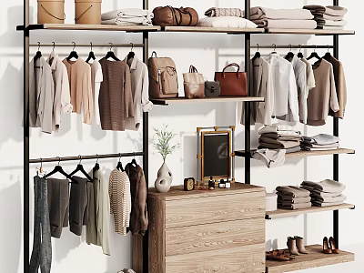 Organized Open Closet With Hanging Folded Clothes Shelves Wooden Drawer Cabinet Bags Shoes And Decor 3d model