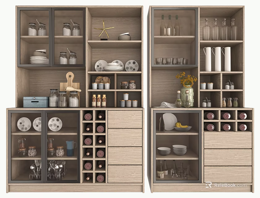 Modern Wooden Sideboard With Multiple Compartments Drawers And Dinnerware Glassware Decorative Items 3d model