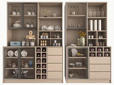 Modern Wooden Sideboard With Multiple Compartments Drawers And Dinnerware Glassware Decorative Items 3d model