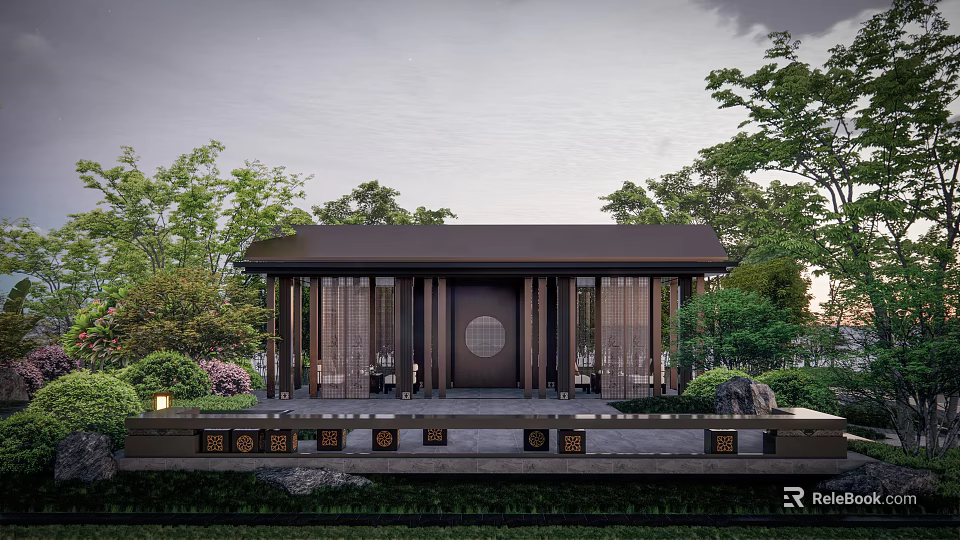 Traditional Chinese Garden Pavilion With Circular Door Wooden Frames And Lush Trees 3d model 