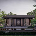 Traditional Chinese Garden Pavilion With Circular Door Wooden Frames And Lush Trees