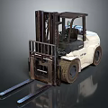 White Industrial Forklift With Large Tires And Metal Forks For Warehouse Operations