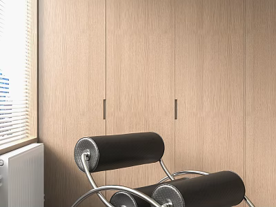 Stylish Lounge Chair Featuring Black Roller Design And Metal Frame Against Wooden Cabinet Window With Blinds 3d model