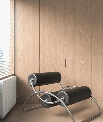 Stylish Lounge Chair Featuring Black Roller Design And Metal Frame Against Wooden Cabinet Window With Blinds 3d model