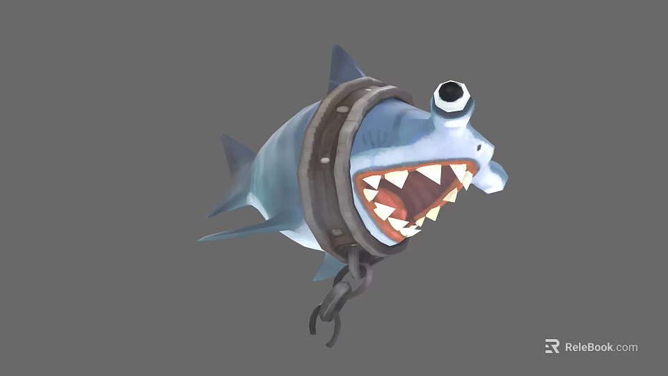 Cartoon Blue Shark With Big Eyes Sharp Teeth And Metal Collar Design 3d model 