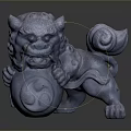 Traditional Chinese Stone Lion Statue With Curled Mane Clutching Decorative Ball