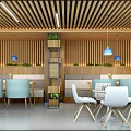 Modern Café Interior With Wooden Ceiling Blue Pendant Lights Metal Frame Bookshelves And Round Tables