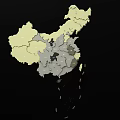 Chinese Map Themed Art Installation with Yellow and Gray Regional Sections on Black Background