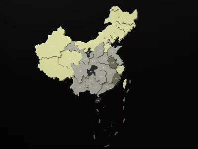 Chinese Map Themed Art Installation with Yellow and Gray Regional Sections on Black Background 3d model