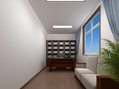 Bright Office Interior With White Walls Wooden Floor Sofa Green Plant And Bookshelf 3d model