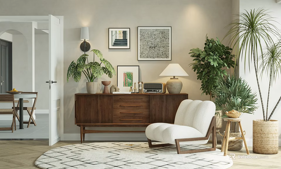 Wooden Entryway Console Table With Decorative Paintings Table Lamp And Green Plants 3d model 