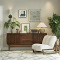 Wooden Entryway Console Table With Decorative Paintings Table Lamp And Green Plants