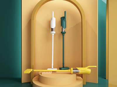 Daily Electrical Cleaning Tools Display On Stand With Green Yellow Arch Background 3d model