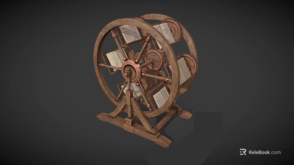 Wooden Wheel Shaped Bookcase With Gear Mechanism Holding Books On Rotating Frame And Stand Base 3d model 