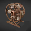 Wooden Wheel Shaped Bookcase With Gear Mechanism Holding Books On Rotating Frame And Stand Base