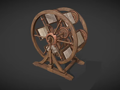 Wooden Wheel Shaped Bookcase With Gear Mechanism Holding Books On Rotating Frame And Stand Base 3d model