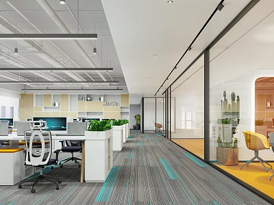 Modern Public Office Space With Open Layout Ergonomic Chairs Green Plants And Glass Partitions 3d model