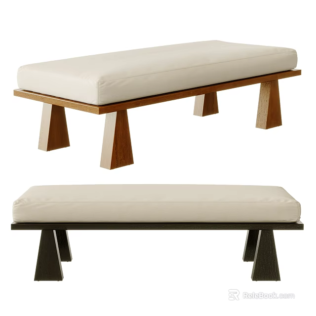 Cream Padded Bench With Wooden And Dark Legs For Modern Home Decor 3d model 