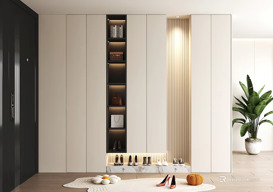 Modern White Shoe Cabinet With Open Shelves LED Lighting And Decorative Plant 3d model 