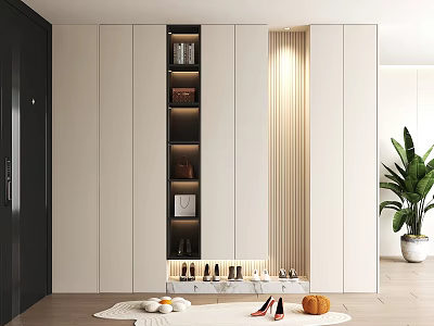Modern White Shoe Cabinet With Open Shelves LED Lighting And Decorative Plant 3d model