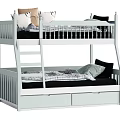 White Wooden Bunk Bed with Storage Drawers and Colorful Pillows with Plaid Bedding
