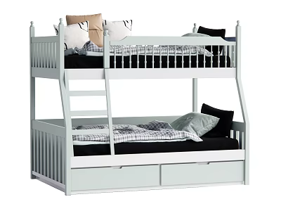 White Wooden Bunk Bed with Storage Drawers and Colorful Pillows with Plaid Bedding 3d model