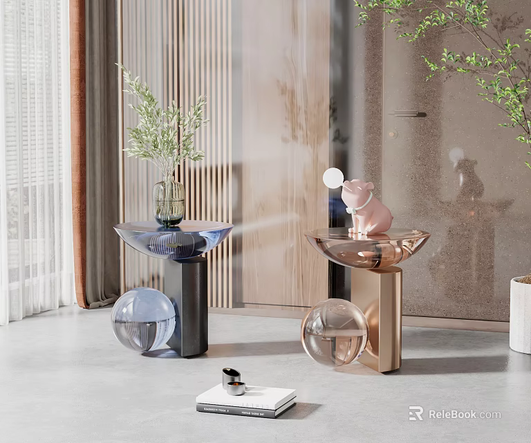 Blue And Copper Side Tables With Spherical Bases In Modern Interior Decor 3d model